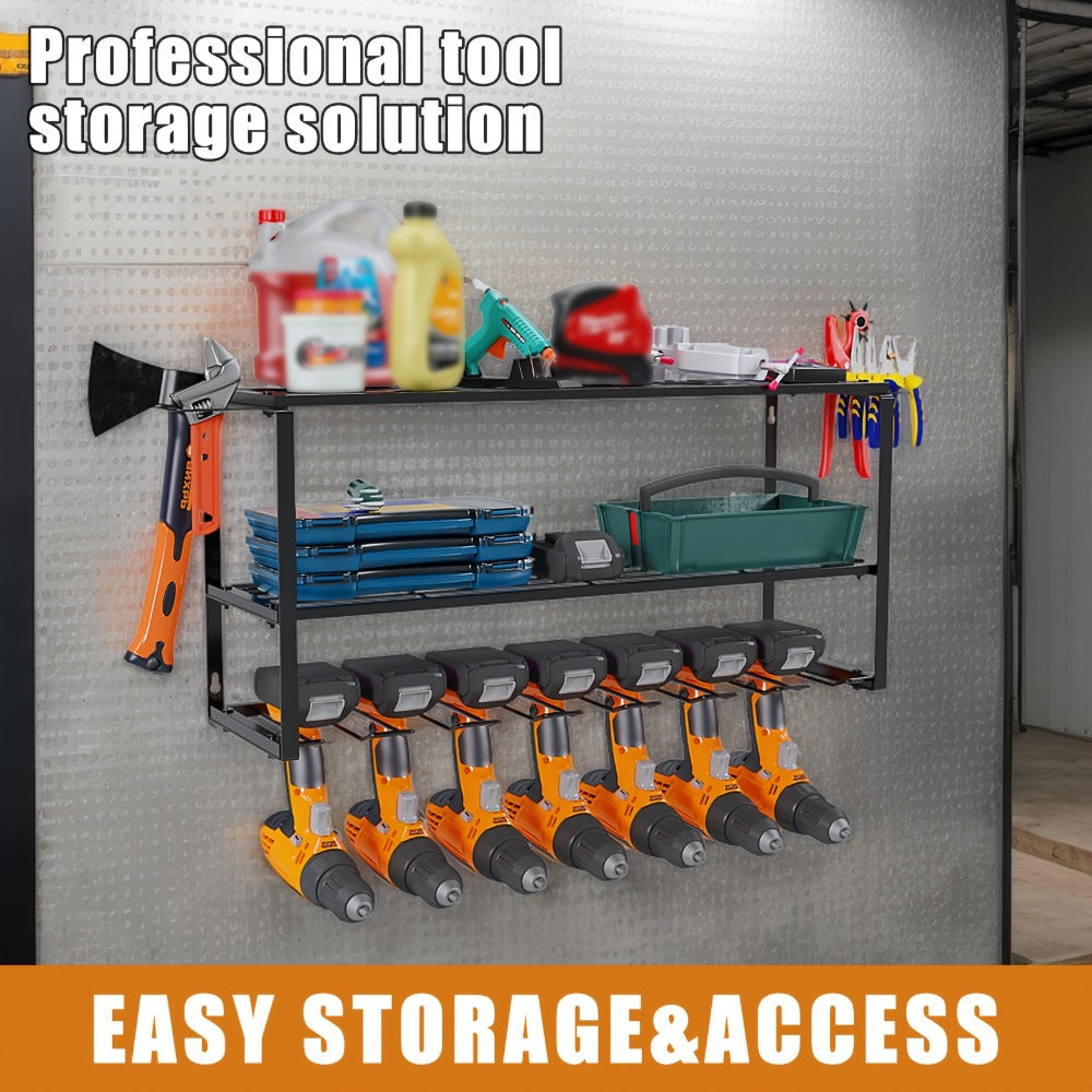 Wall Mount Power Tool Storage Rack, Heavy-Duty 150 Lb Steel 3-Tier & 4-Tier Garage Tool Organizer with 7 Bit Holders ¨C Workshop Shed Basement Wall Storage