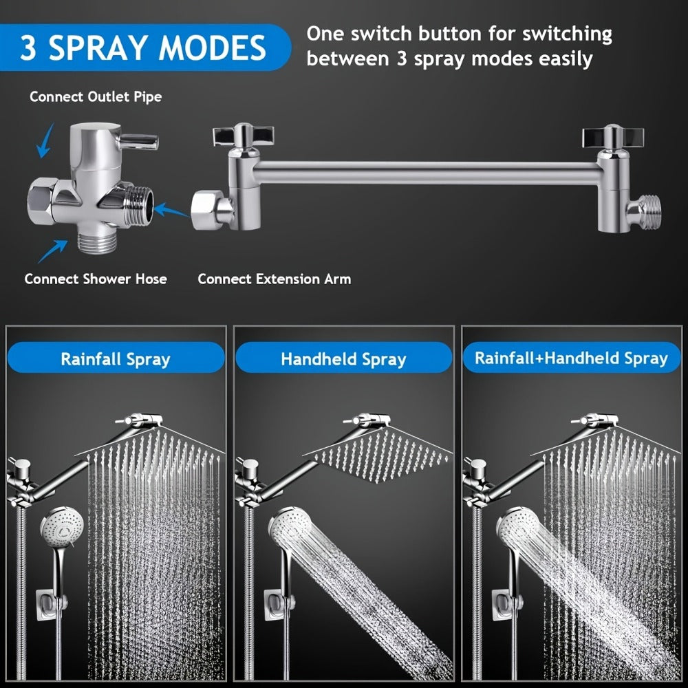 High Pressure Rainfall Shower Head Combo with Handheld Spray ¨C 9 Spray Settings, 180¡ã Adjustable Bracket, Stainless Steel Hose, Anti-Clog Nozzles, Modern Bathroom Shower System