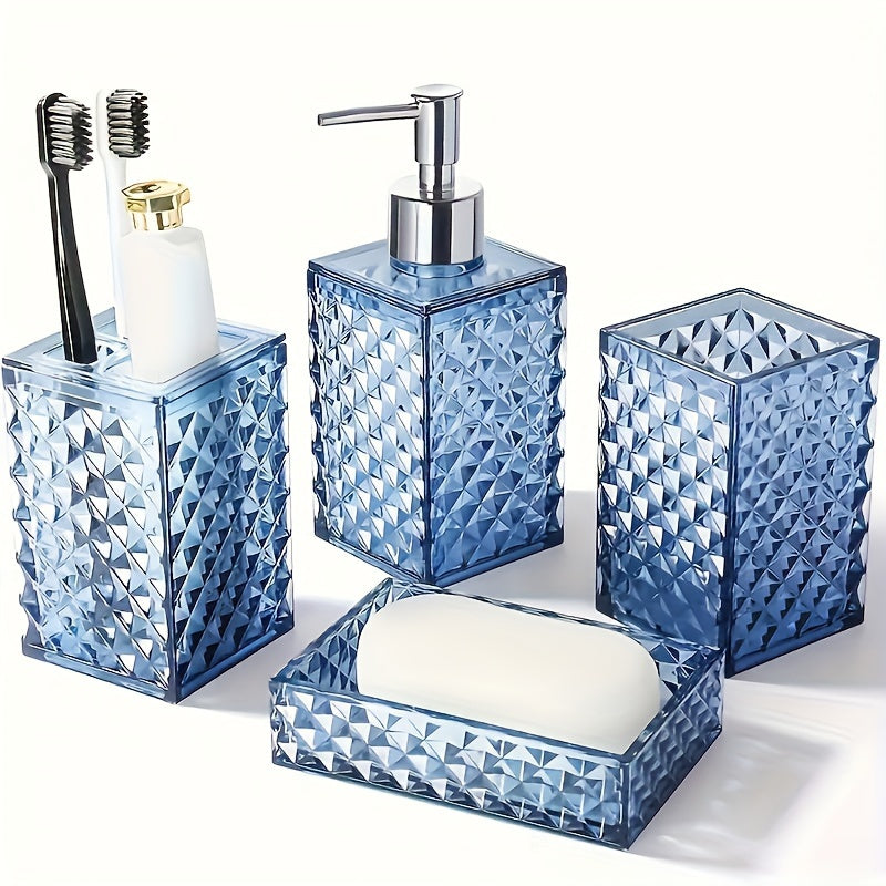 Bathroom Accessories Set 4-Piece Diamond Grid Plastic Organizer Soap Dispenser Toothbrush Holder Grey Blue Green