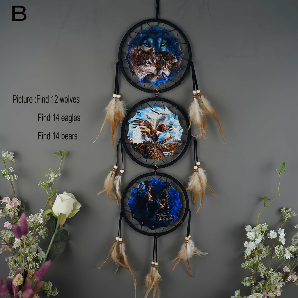 Dream Catcher Wall Decor Wolf Design Boho Bedroom Hanging Decoration ¨C 6 Inch 3-Circle Feather Dream Catcher for Boys Kids Room, Nursery, Halloween, Christmas & Holiday Gift