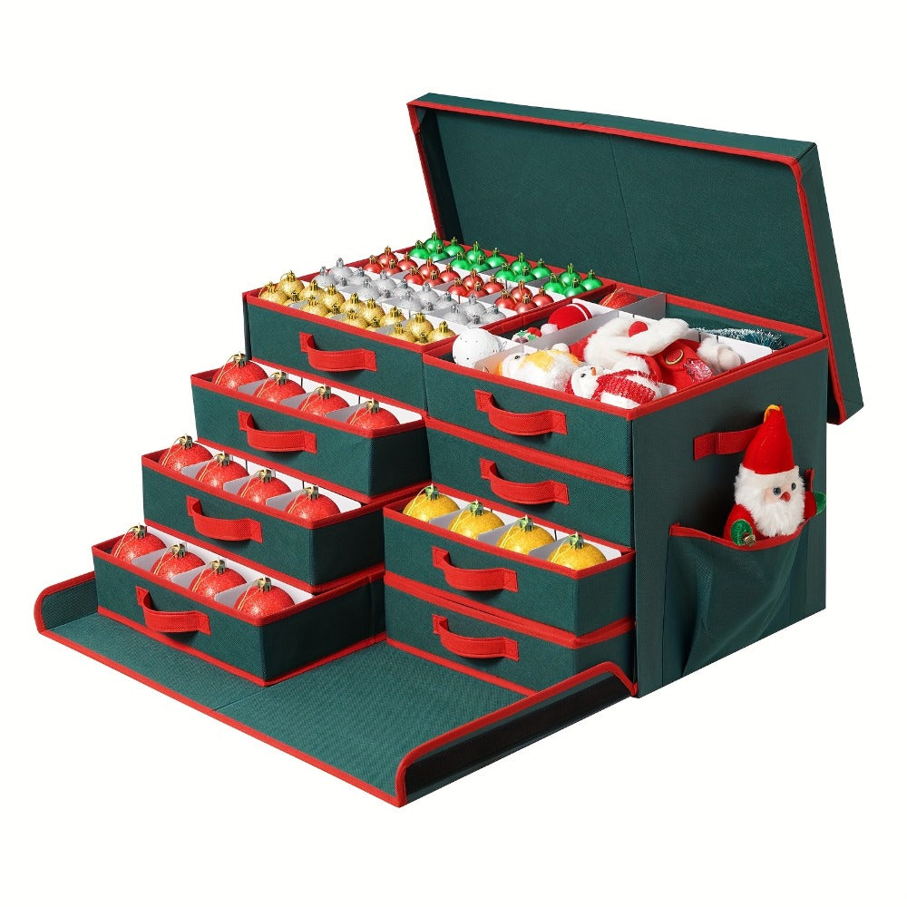 Christmas Ornament Storage Box 128 Slots 8 Trays Stackable Large Capacity Holiday Organizer with Lid Side Open Adjustable Dividers Removable Trays Red Green