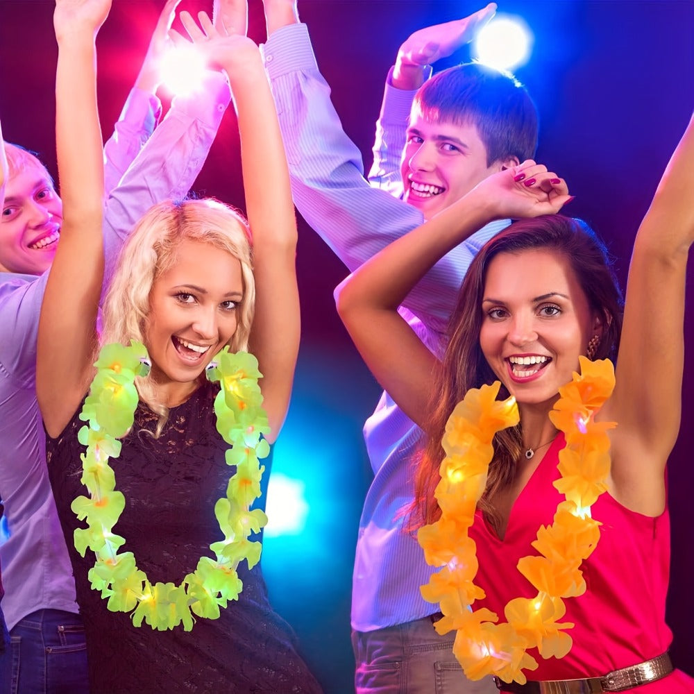 Light Up Hawaiian Lei Necklace 26pcs LED Flower Leis Glow Necklaces for Luau Party Beach Party Tropical Costume Accessories