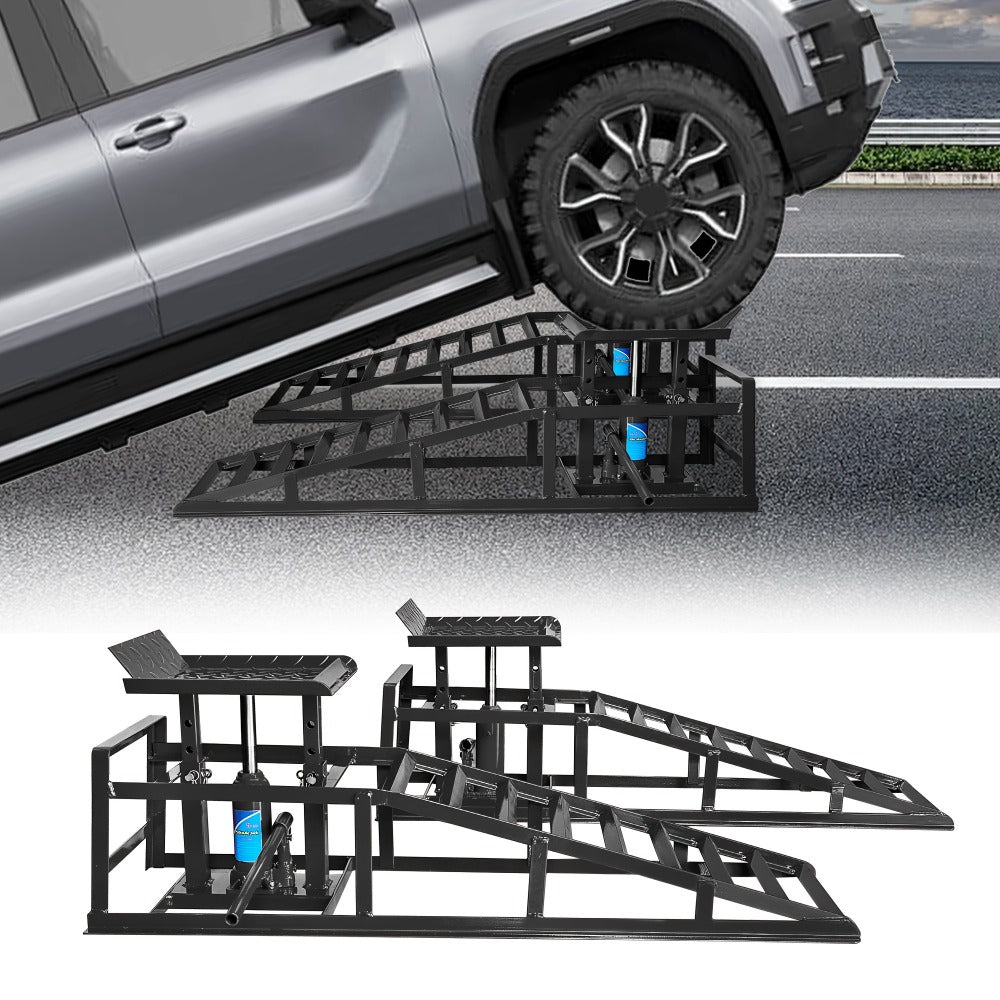 Hydraulic Car Ramps 2-Pack 5T 11050 Lbs High Lift Vehicle Wheel Ramps for Oil Change Tire Service with Supporting Crane Foot Pedal Portable DIY Auto Shop Truck SUV