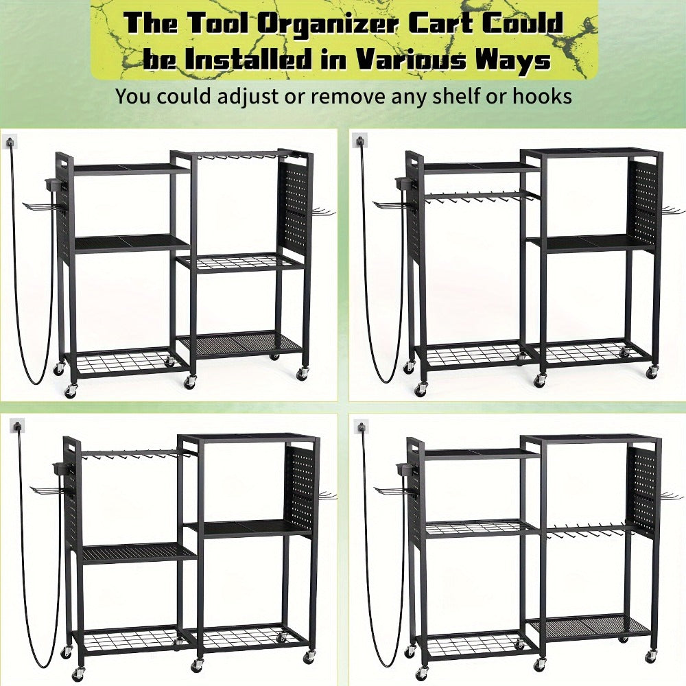 Mobile Tool Cart with Charging Station ¨C 12 Drill Holders & 5 Storage Shelves Power Tool Organizer | Rolling Utility Rack Toolbox with Battery Charging Power Strip for Garage & Workshop | 4 Colors