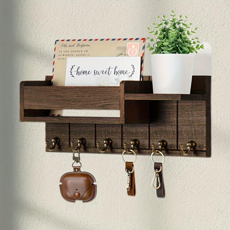 Wall Mounted Storage Rack with Mail Slot ¨C Rustic Wood Floating Shelf with Hooks for Keys, Hats & Envelopes, Decorative Organizer for Entryway, Porch, Bedroom, Bathroom & Living Room