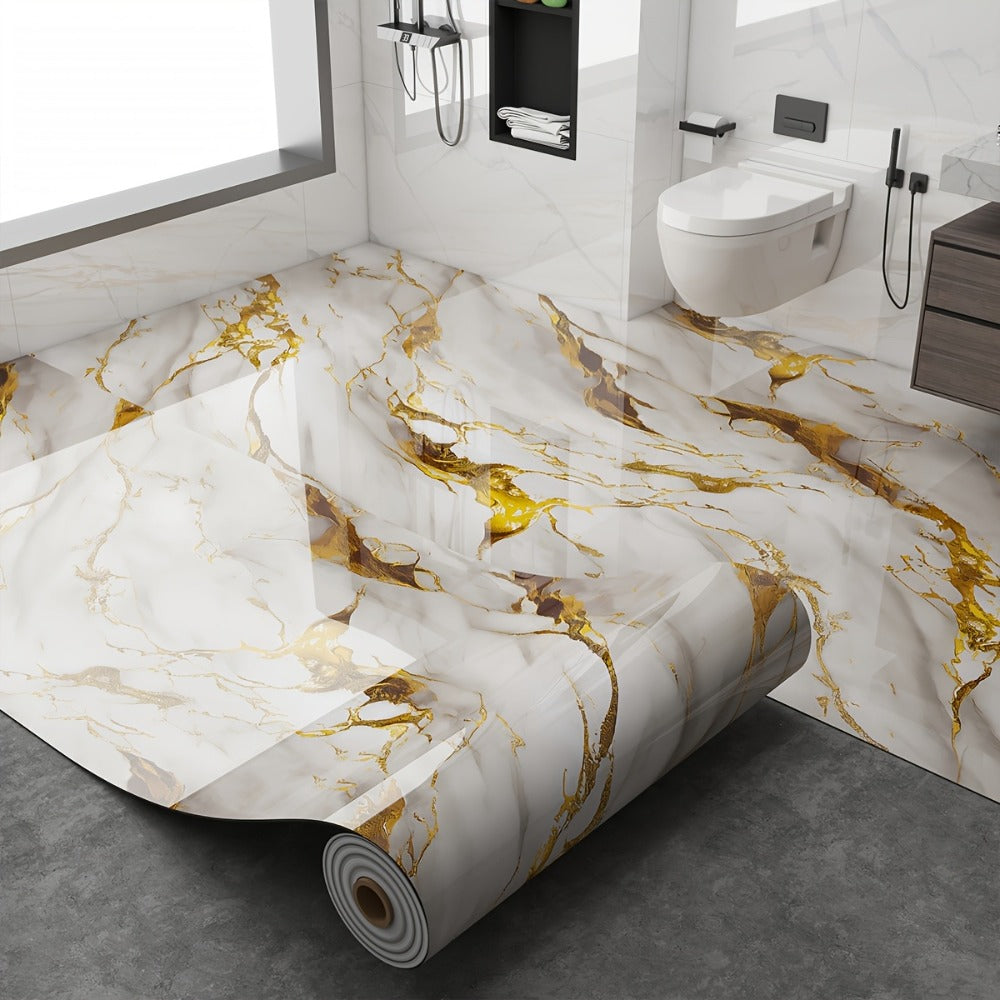 Peel and Stick Floor Tile Sticker 15.7¡±x118¡± Self-Adhesive Marble Pattern Vinyl Roll ¨C 3mm Thick Removable Flooring for Kitchen Backsplash, Bathroom, Shower Room & Home Renovation