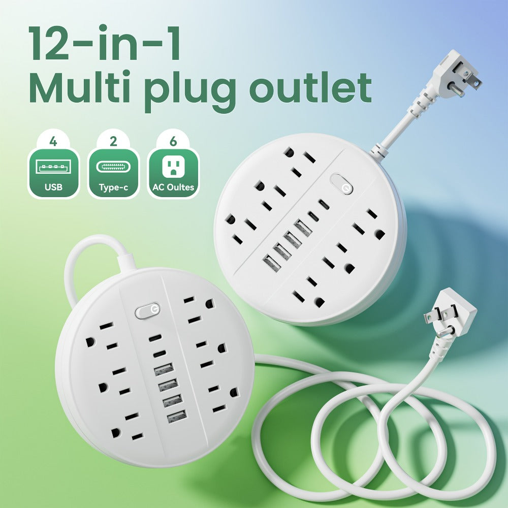 Surge Protector Power Strip 12-in-1 with 6 AC Outlets 4 USB-A 2 USB-C Flat Plug Wall Mount Overload Protection Desk Charging Station for Home Office Travel