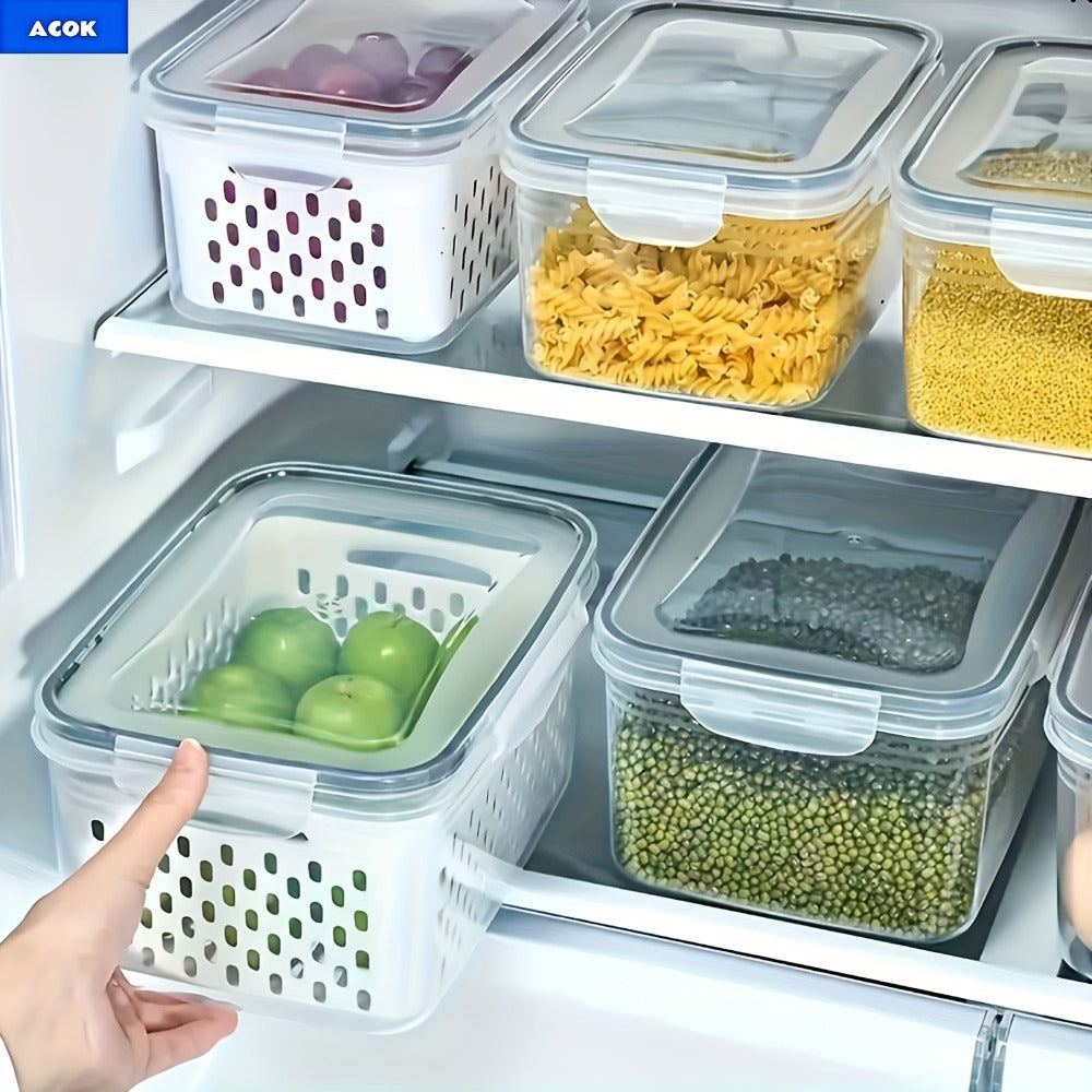 Food Storage Containers Set 6pcs BPA Free Plastic with Drain Baskets and Lids Leak Proof Freezer Safe Reusable for Fruits Vegetables Meal Prep Kitchen Organizer
