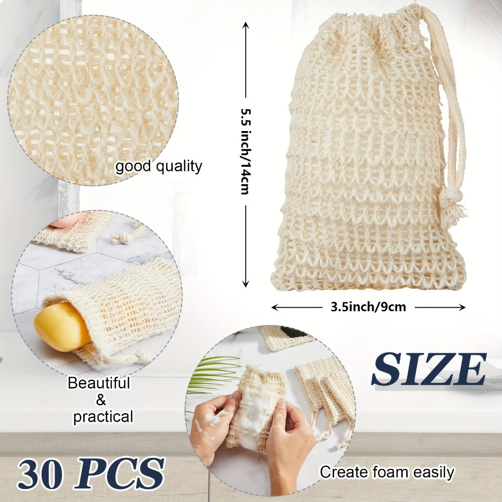 Soap Exfoliating Mesh Bag with Wooden Holder Set 60 Pcs | Natural Sisal Bath Scrubber Bags & Rectangle Wood Soap Dish for Shower, Bathroom Sink, Body Scrub & Skin Cleansing Accessories