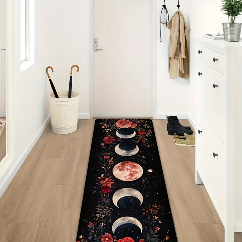 Bohemian Moon Phase Floral Area Rug Non-Slip Washable Rectangle Mat, Artistic Decorative Kitchen Runner for Hardwood Floors, Bedroom, Living Room, Laundry Room, Entryway and Hallway Home Decor