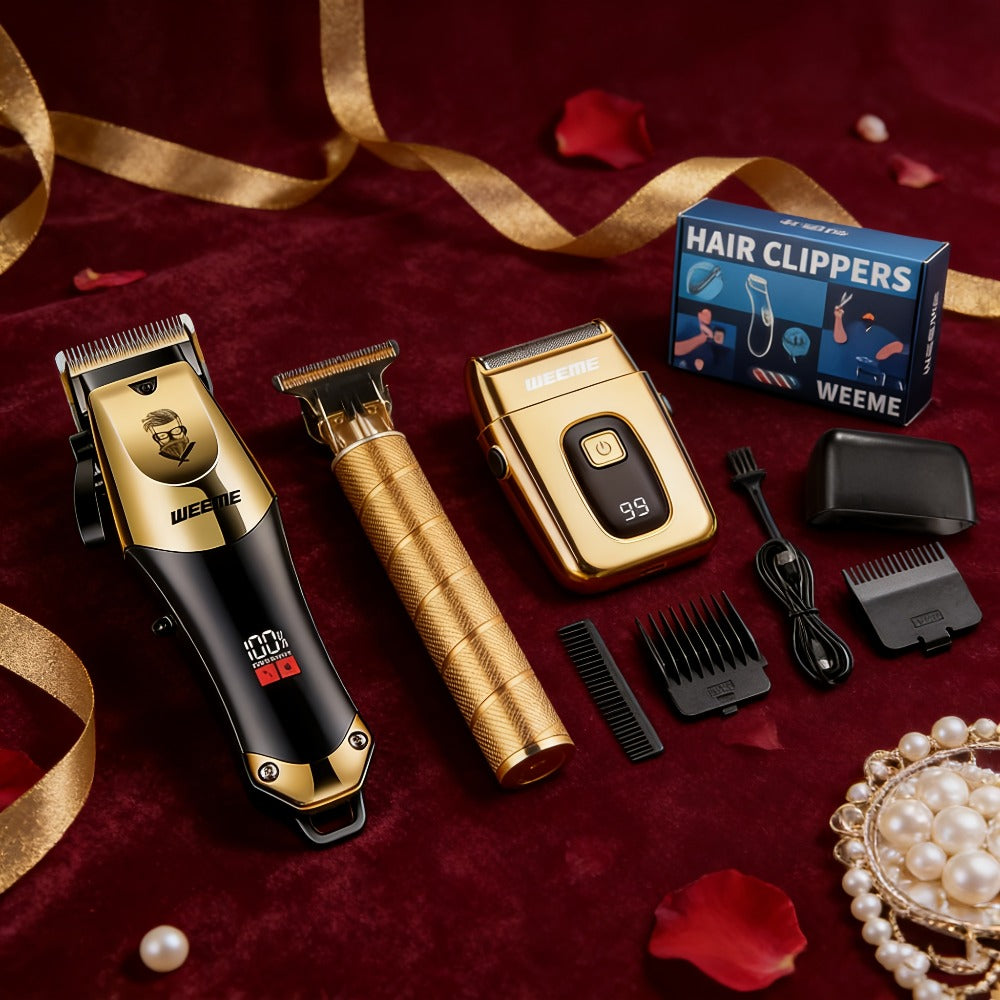 Professional Hair Clipper Set for Men ¨C 3pcs Golden Cordless Kit with Beard Trimmer & T-Blade Trimmer, Hair Cutting & Styling Tools, Ideal Birthday & Father¡¯s Day Gift for Men