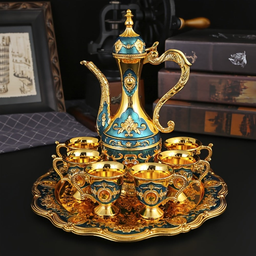 Vintage Turkish Coffee Tea Set ¨C Zinc Alloy Teapot, 6 Cups & Tray | European Style Luxury Gift Set for Tea, Coffee & Cappuccino