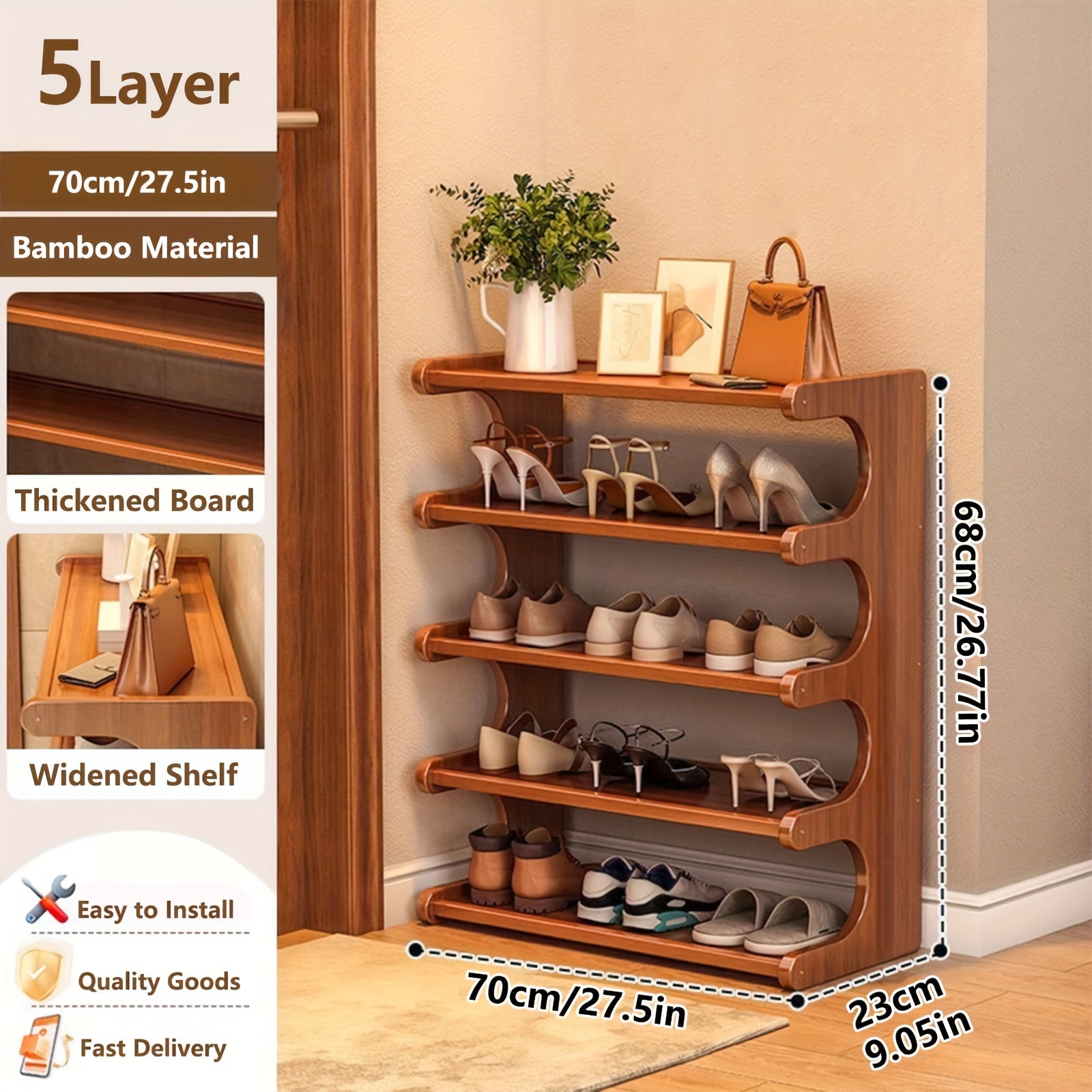 Bamboo Shoe Rack 3/5/6 Layer Freestanding Storage Organizer for Entryway, Dorm & Closet ¨C Space-Saving Multi-Tier Shoe Shelf, Easy Assembly, Brown