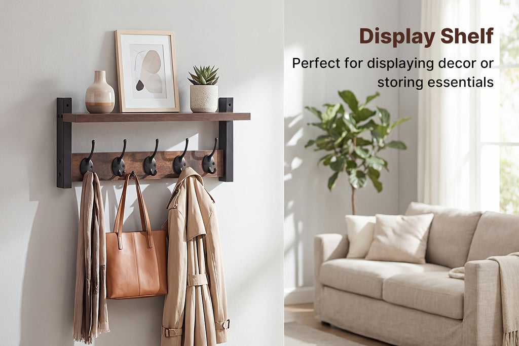 Wall Mounted Coat Hook Shelf with 5 Hooks - Wooden Floating Shelf & Key Rack Organizer for Entryway, Bedroom, Bathroom, Kitchen & Living Room - Rustic Vintage Style