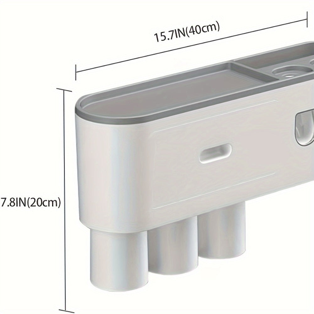 Wall Mounted Toothbrush Holder with Automatic Toothpaste Dispenser - 3 Cups Bathroom Organizer, Space-Saving Toothbrush Cup Holder for Family, Black & Gray