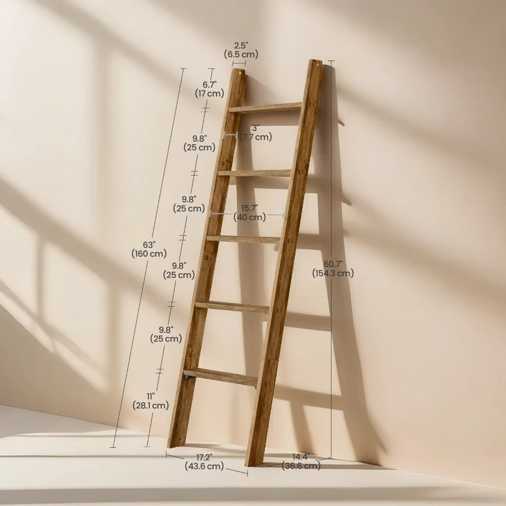 Blanket Ladder Shelf 5-Tier Freestanding Wood Ladder Rack for Blankets Towels Books Decor, Modern Farmhouse Ladder Shelf Wall Leaning Storage Organizer for Living Room Bedroom, 4 Colors