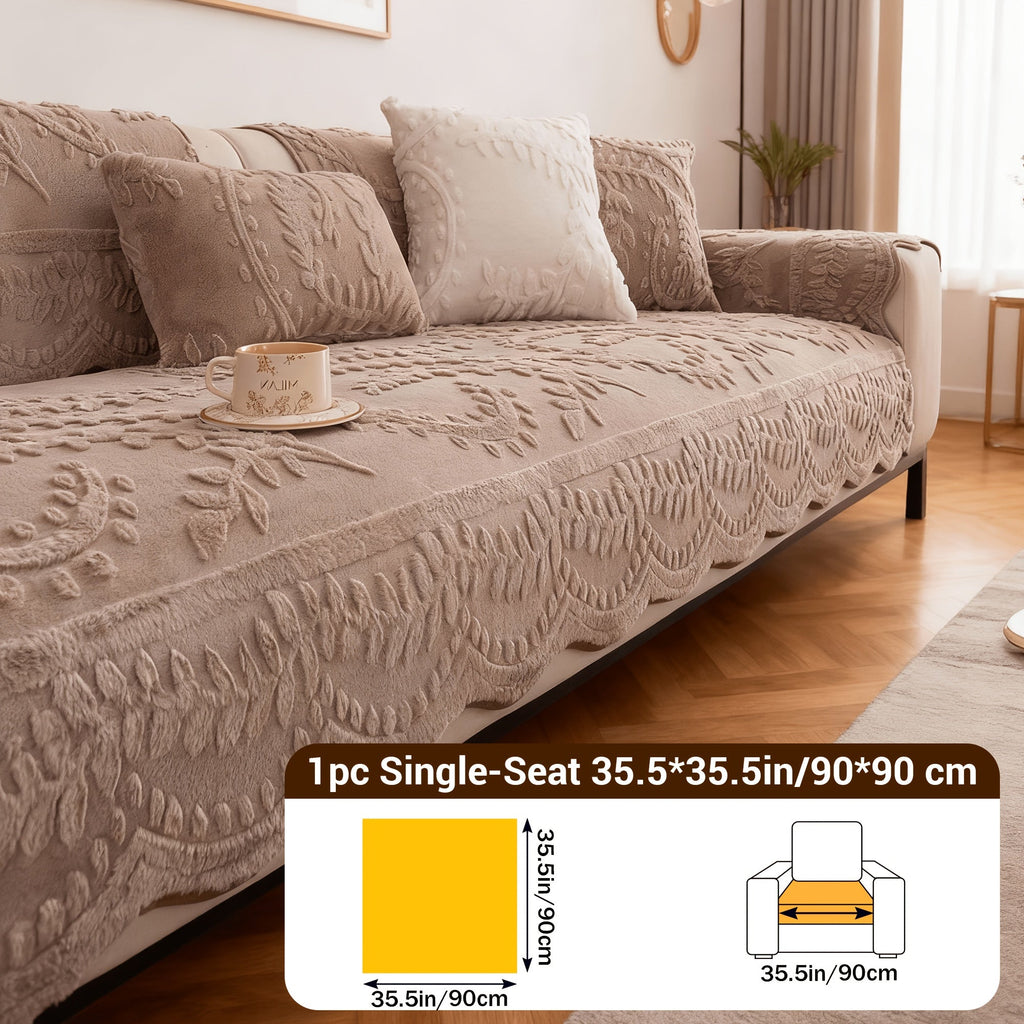Faux Rabbit Fur Plush Sofa Cover Non-Slip | Thickened Quilted Couch Cushion, Machine Washable Pet Friendly, 1 to 4 Seat Armrest Backrest, White Light Grey Brown, Home Winter Decor