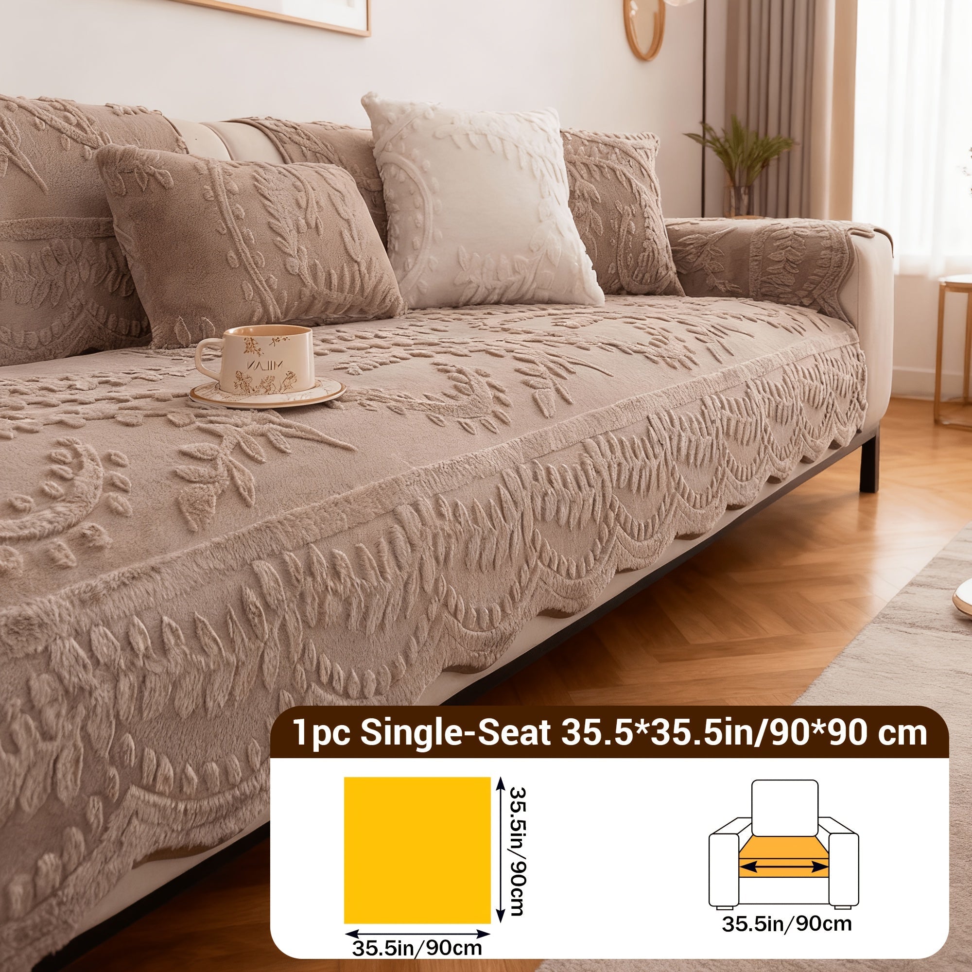 Faux Rabbit Fur Plush Sofa Cover Non-Slip | Thickened Quilted Couch Cushion, Machine Washable Pet Friendly, 1 to 4 Seat Armrest Backrest, White Light Grey Brown, Home Winter Decor