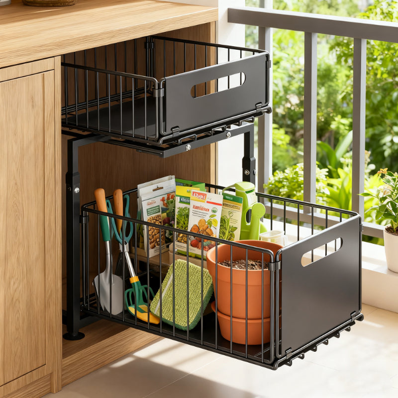 Under Sink Organizer 2-Tier Slide Out Pull Out Drawer Metal Basket Height Adjustable - Under Sink Cabinet Organizer for Kitchen Bathroom Storage, Sliding Shelf Rack for Cleaning Supplies Toiletries