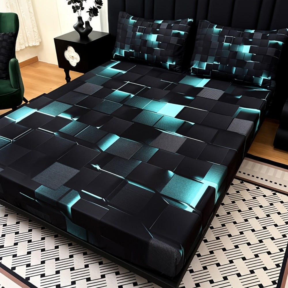 Fitted Sheet Set 3pcs Plaid Digital Print Deep Pocket 15¡± All Season Bed Sheet + 2 Pillowcases No Filling Twin Full Queen King