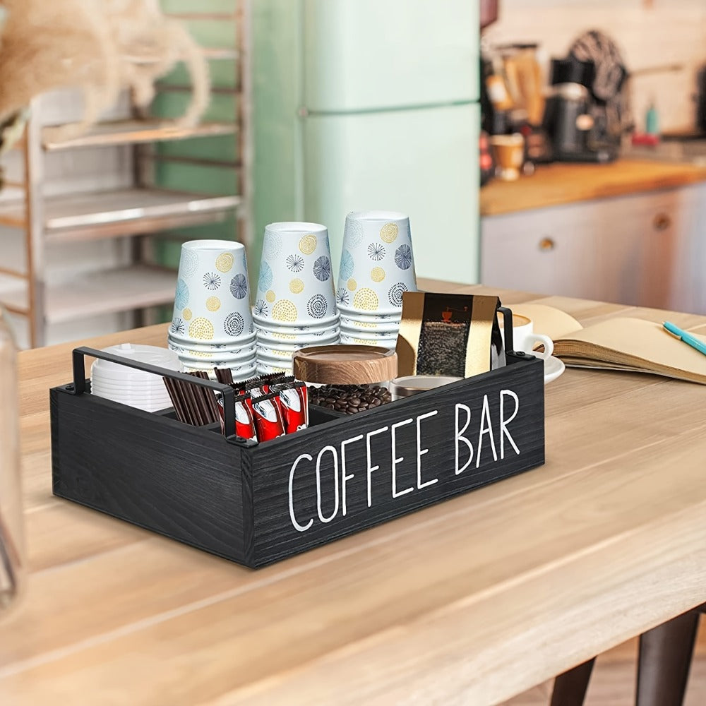 Coffee Bar Organizer Wooden Farmhouse Style - Rustic COFFEE BAR Sign Storage Tray for Pods Sugar Creamer Accessories, Waterproof Rectangular Countertop Organizer for Kitchen Coffee Station Decor