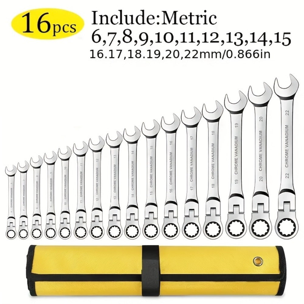 Ratcheting Wrench Set 16pcs Flex Head 180¡ã, Metric 6-22mm CR-V Steel Combination Wrench Kit with 72-Tooth Ratchet & Organizer Bag, Professional Flex Head Ratchet Wrench for Auto & Home Repair
