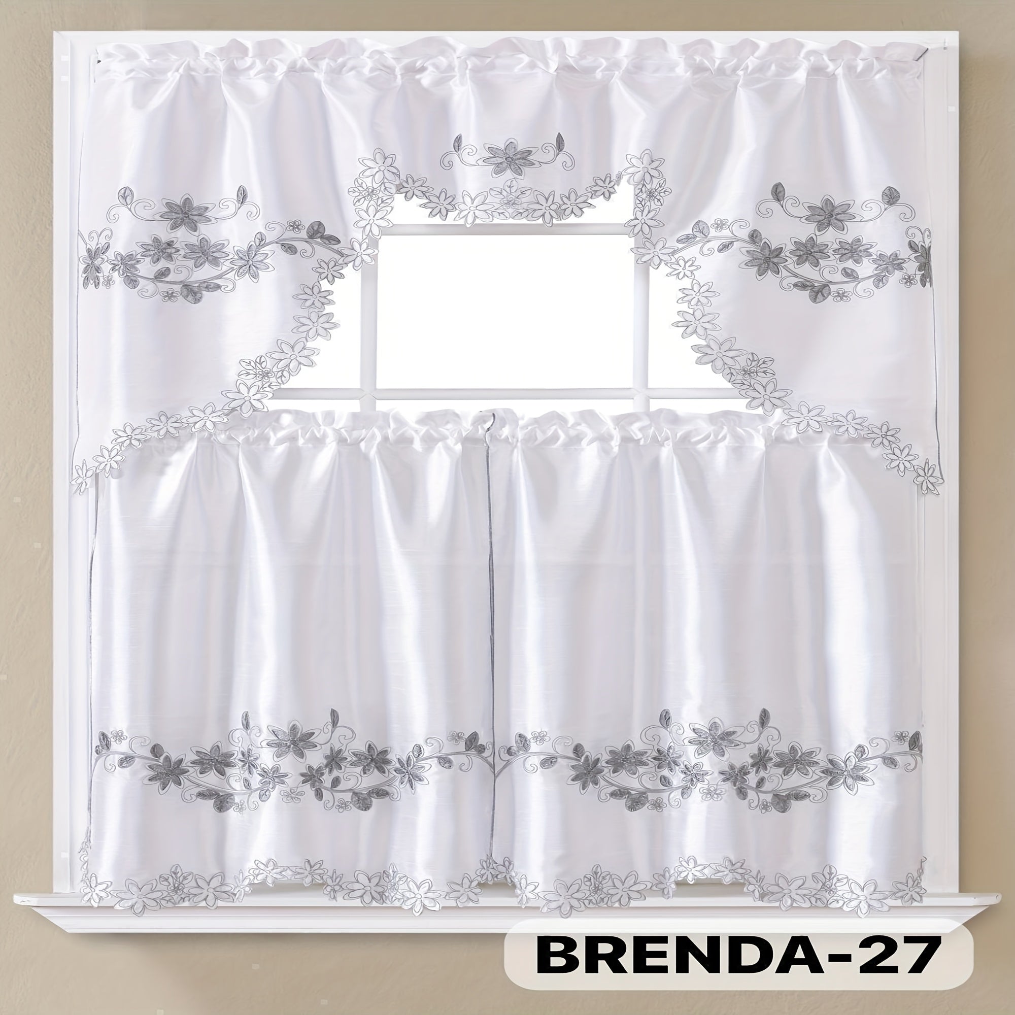 Kitchen Curtains 3 Piece Set Embroidered Satin Valance and Tiers - Rod Pocket Light Filtering Machine Washable 46 Colors Available All Season Home Decor