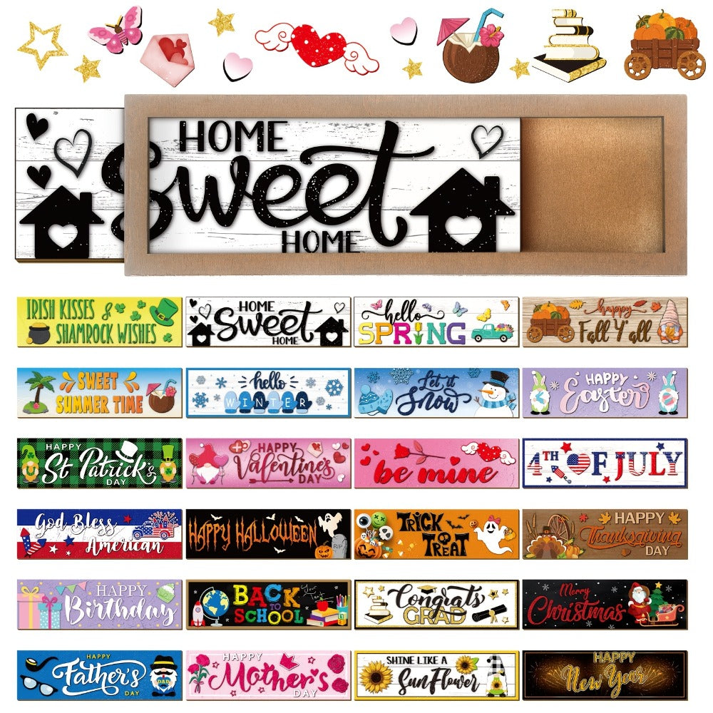 Interchangeable Seasonal Wood Welcome Sign 25-Piece Set ¨C Wooden Frame Table Decor with Swappable Holiday Signs for Fall, Thanksgiving, Halloween & Autumn Wreath Decoration