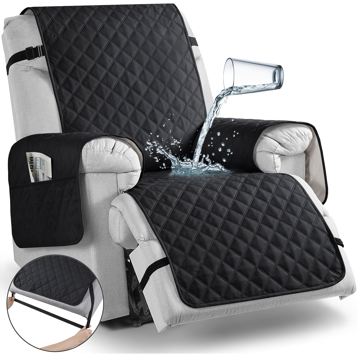 Waterproof Recliner Chair Cover with Pocket | Non-Slip Washable Reclining Sofa Protector for Dogs Cats, Adjustable Strap