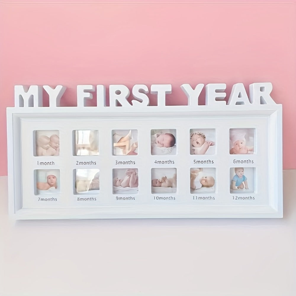 Baby First Year Picture Frame Newborn Memory Keepsake - White Photo Frame Gift for New Mom with Milestone Display, 17.32x9.06 Inch Nursery Wall Decor for Baby Shower First Birthday Gifts