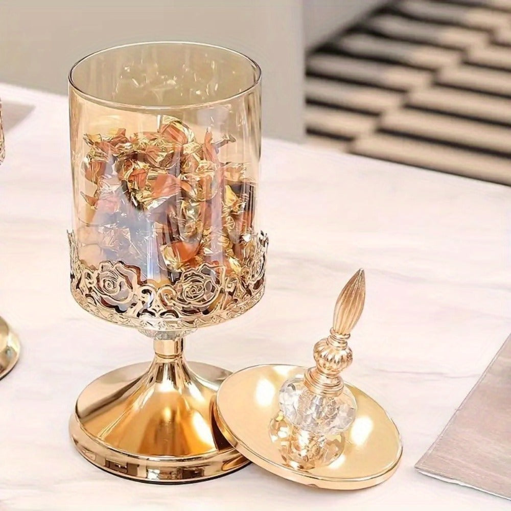 Vintage Glass Candy Jar with Lid ¨C European Style Decorative Vase & Metal Art Storage Container for Living Room, Coffee Table & Desktop Decor