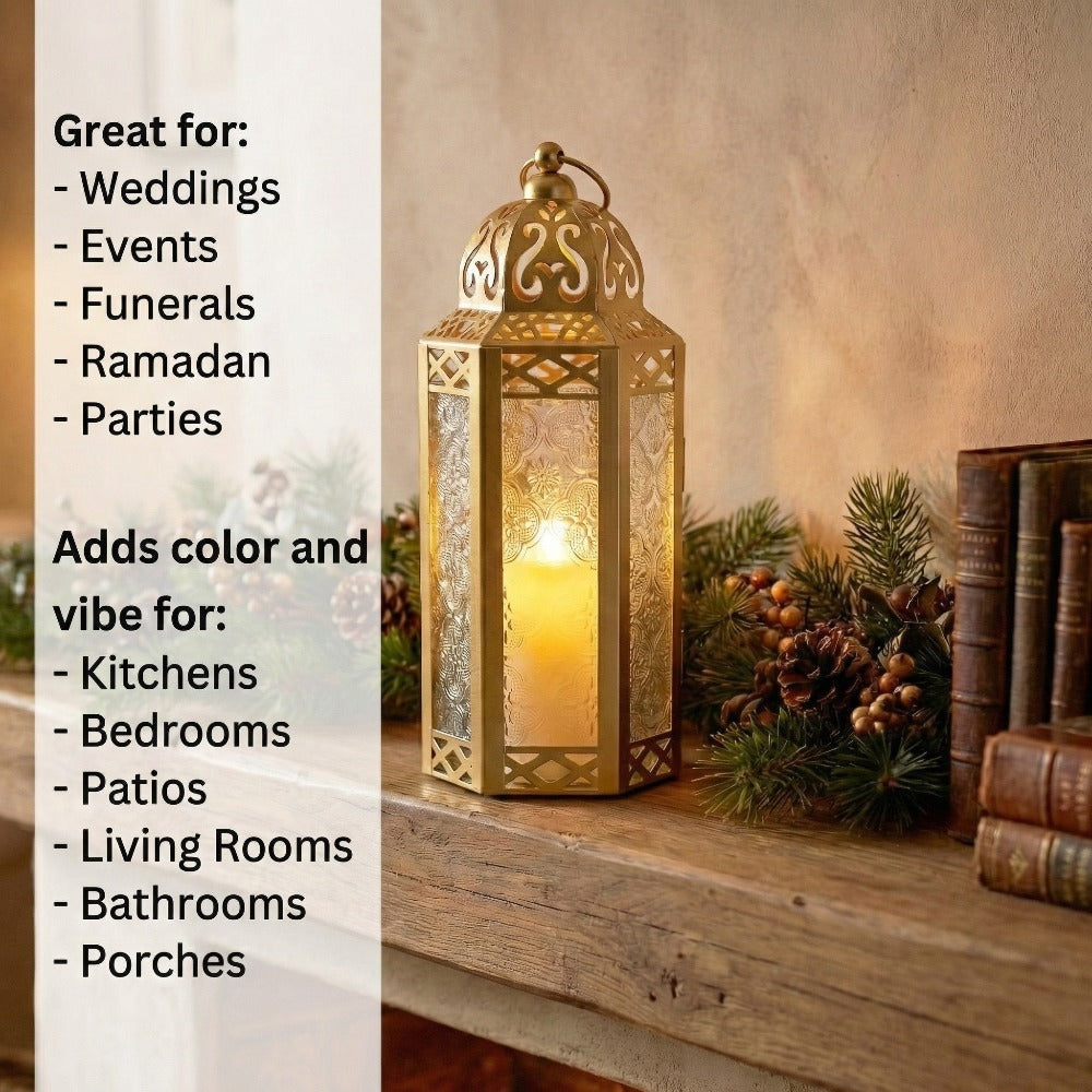 Moroccan Candle Lantern Holder - Decorative Metal & Glass Lantern with Embossed Floral Design for Indoor Home Decor, Garden, Patio, Weddings, Ramadan, Halloween & Holiday Celebrations - 10.5¡± Tall Medium Size