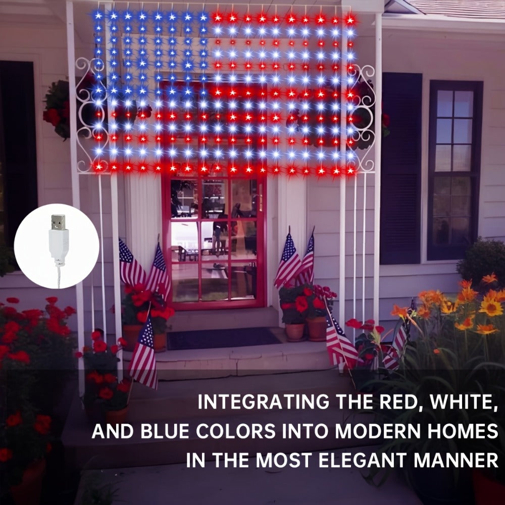 American Flag LED Curtain Lights 242 LEDs USB Powered, 4th of July Patriotic Decorations for Home Porch Garden Courtyard, Independence Day National Holiday Indoor Decor for Mall, Store, Coffee Shop Display