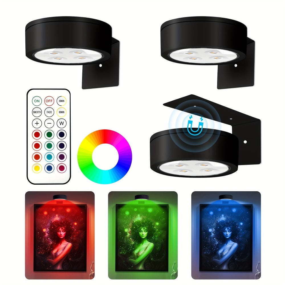 Picture Lights for Wall 13 RGB Color LED Art Light, Wireless Battery Operated Magnetic Painting Light with Remote, 3/6/12Pcs Puck Lights for Picture Frame Home Wall Decor