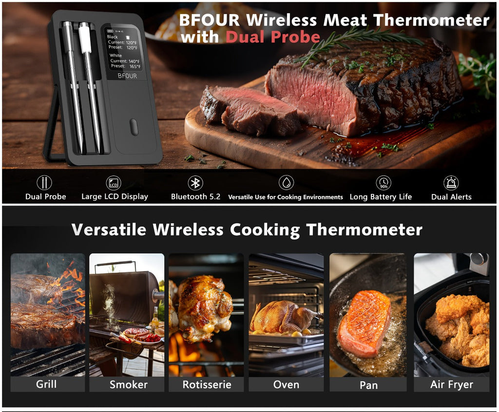 Wireless Meat Thermometer with Dual Probes USB Rechargeable | 2-Probe Digital BBQ Thermometer for Smoker Oven Grill Kitchen | 304 Stainless Steel Food Safe | iOS & Android App Compatible