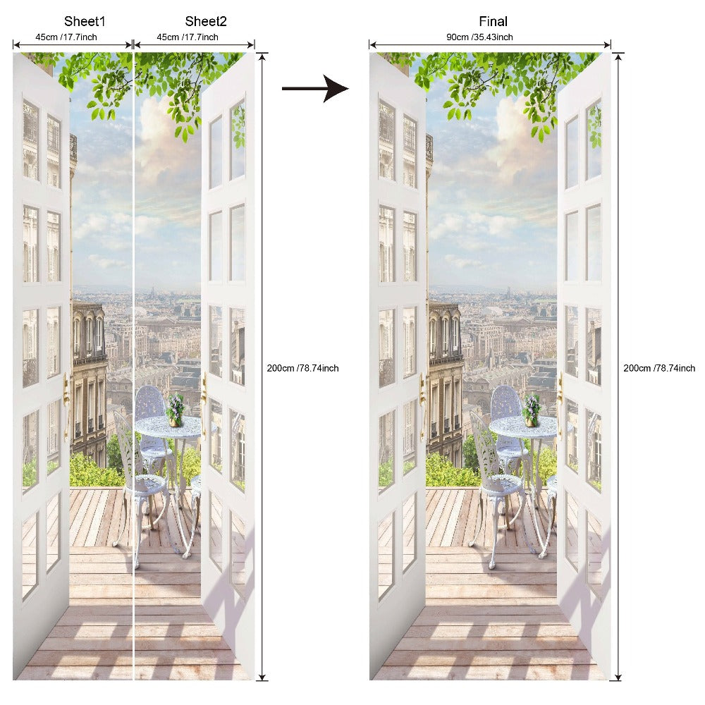 Door Sticker Balcony Scenery Wall Mural ¨C Removable Waterproof Peel & Stick Large Wall Art for Bedroom & Living Room, Faux Window View Home Decor, 35.43 x 78.74 Inches