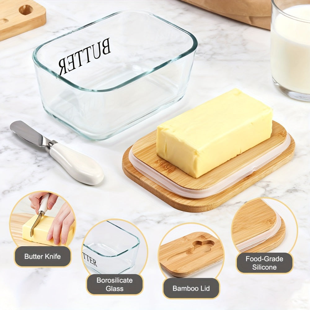 Glass Butter Dish with Lid and Knife ¨C 1lb Large Airtight Butter Keeper Clear Glass Countertop Butter Container for Refrigerator Door Shelf Kitchen Decor & Gift