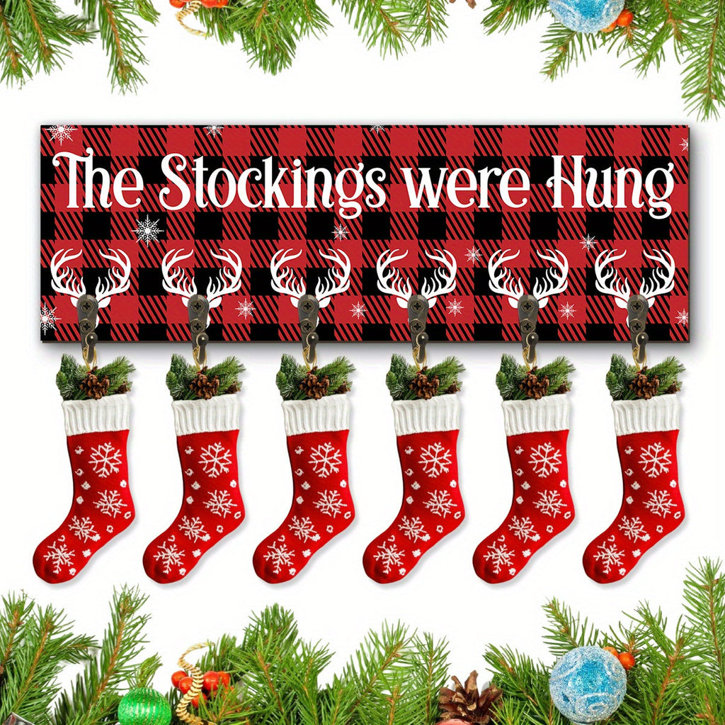 Christmas Stocking Holder with 6 Hooks ¨C Wooden Sign Wall Rack with Snowflake Design & ¡±The Stockings Were Hung¡± Quote, Santa Claus Mantel Hanger for Holiday Fireplace Decor