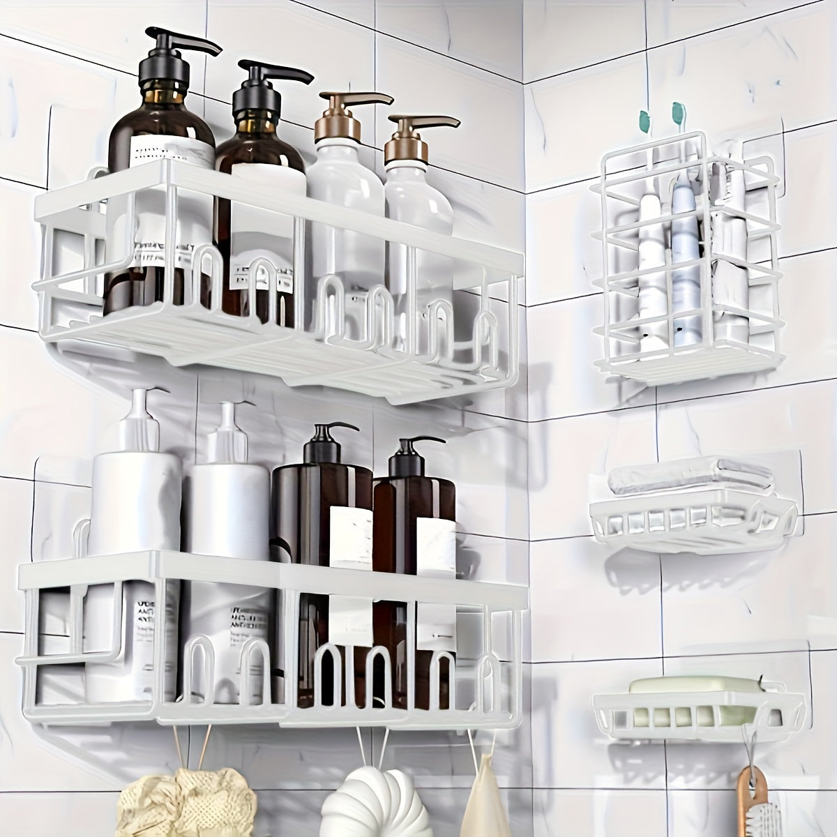Shower Caddy Organizer 5 Pack Adhesive Rustproof Stainless Steel Shower Shelves with Soap Holder No Drilling Bathroom Storage Rack for Shower Wall Renters Apartment Kitchen Multiple Colors