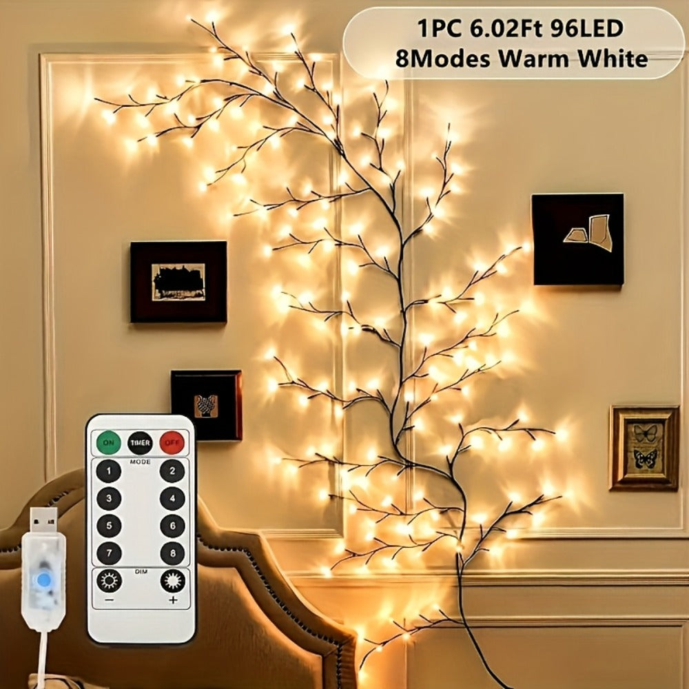 96 LED Fairy Lights USB Powered - 6ft Bendable Willow Branch String Lights with 8 Modes & Remote Control for Indoor Home Decor, Wedding, Christmas, Holiday Party