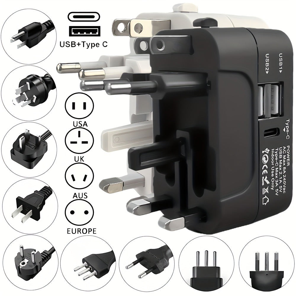 Universal Travel Adapter with Surge Protection - 2 USB & Type-C Ports, All-in-One International Plug for 350+ Countries, 100-240V Input, Fast Charging, Compact Lightweight Design, White & Black