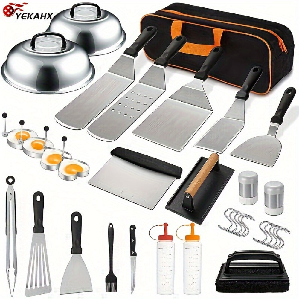 Griddle Accessories Kit 34 Piece Stainless Steel - Flat Top Grill Set with Enlarged Spatulas, Basting Cover, Scraper & BBQ Tools for Outdoor Blackstone Griddle Cooking, Barbecue Gift Set