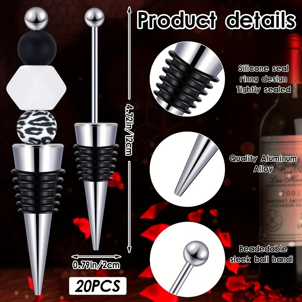 Beadable Wine Bottle Stoppers Set of 20 with 16-Slot Clear Acrylic 2-Tier Display Stand Rack - DIY Customizable Wine Stoppers Holder for Countertop, Wine Bar Decor, Gifts for Wine Lovers