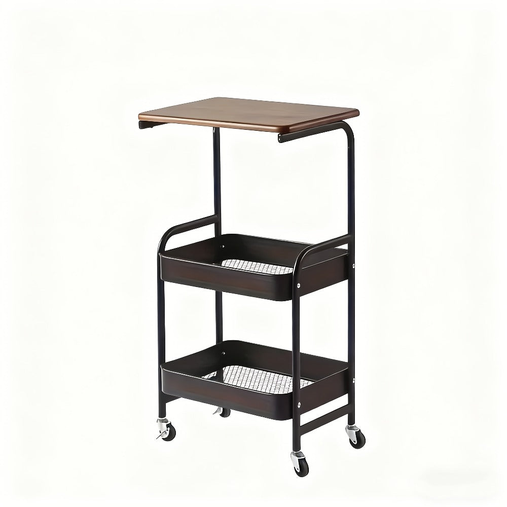 Storage Trolley with Wheels 3-Tier Wooden Tabletop Rolling Cart - Reinforced Black Metal Frame, Locking Casters, Multi-Use Organizer for Kitchen, Office, Bedroom & Living Room, Easy Assembly Printer Stand