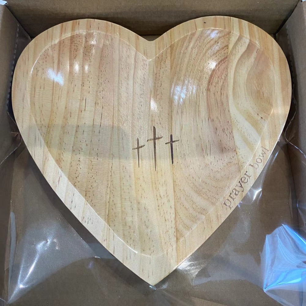 Wooden Prayer Bowl with 24 Prayer Cards ¨C Hand-Carved Heart Shaped Cross Engraved Vintage Religious Gift Set for Easter, Christmas, Thanksgiving, Home Altar & Prayer Room Tabletop Decor