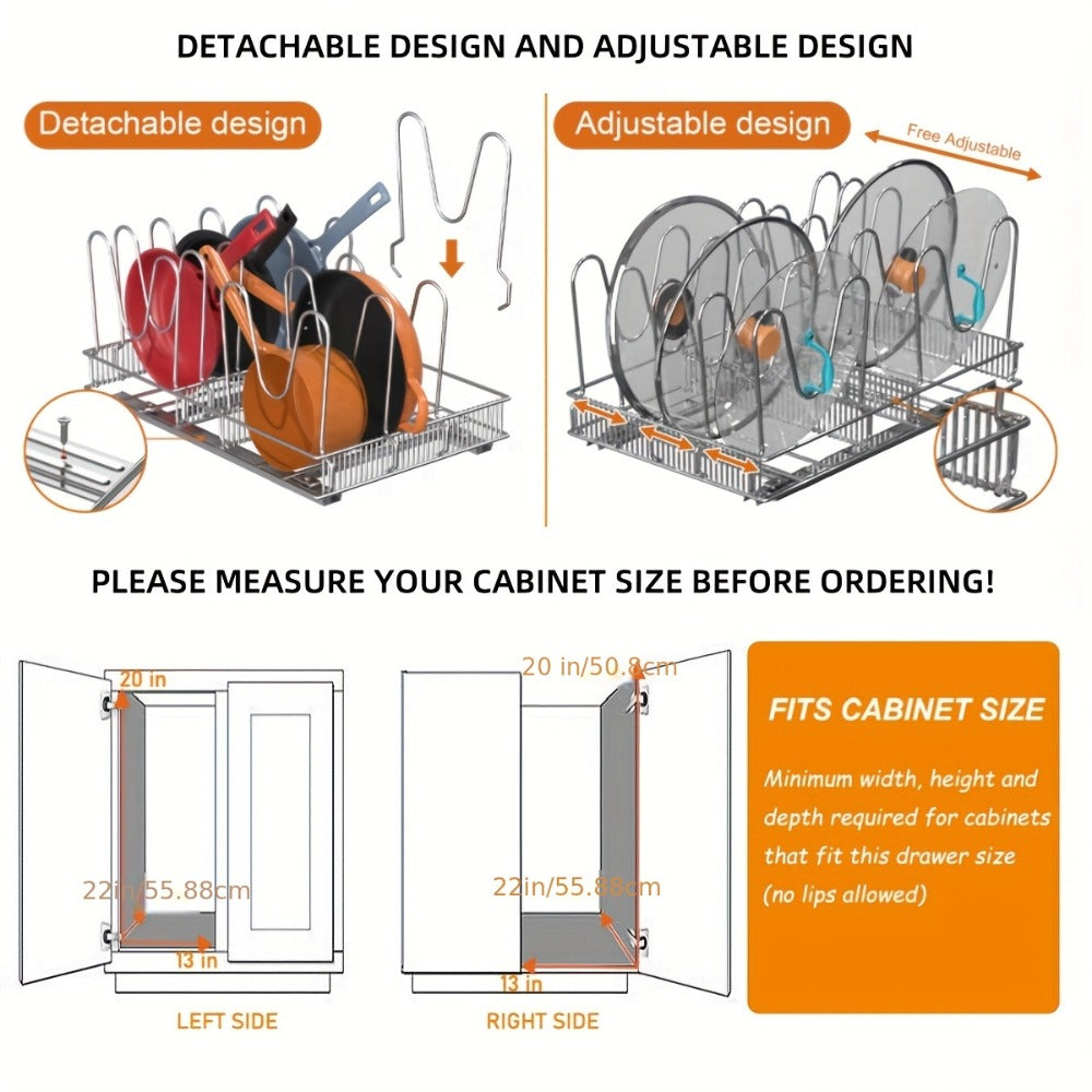 Cabinet Pot & Pan Organizer Rack with 10 Adjustable Dividers, 11¡±W x 17.5¡±D x 8.3¡±H, Chrome Steel Kitchen Storage