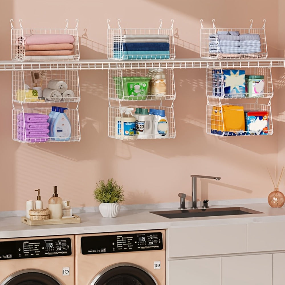 Hanging Laundry Basket Organizer 3pcs - Foldable Laundry Bag with 360¡ã Rotating Hook for Washing Machine & Drying Rack, Space Saving Metal Mesh Laundry Hamper for Bathroom, Laundry Room | Black & White