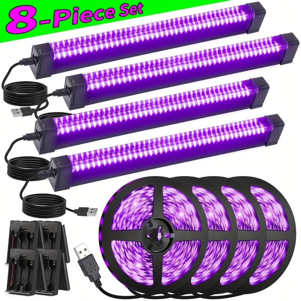 UV Black Light Bars & Strips 8-Piece Set ¨C 385-400nm USB Powered 5V LED Blacklight for Glow Party, Halloween, Neon Party, Body Paint & Fluorescent Art (4x32cm + 4x250cm)