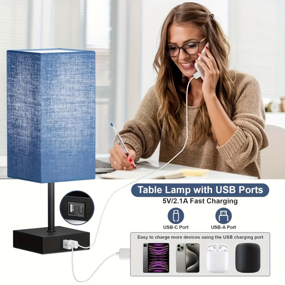 Bedside Lamps Set of 2 3-Way Dimmable Touch Nightstand Lamp USB-C A Charging Port LED Bulb Included Bedroom Living Room Decor Navy Blue Black Brown