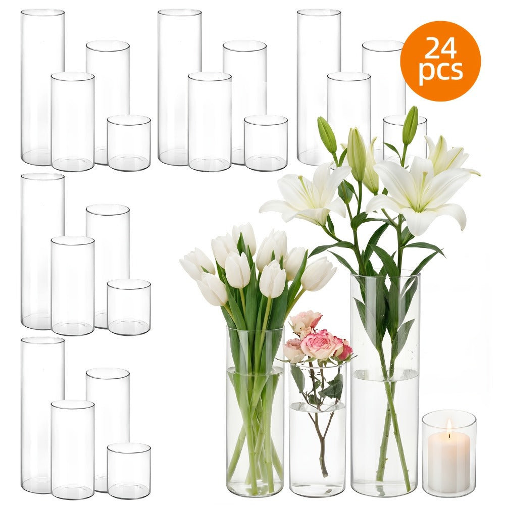 Glass Cylinder Vases Set 12 or 24pcs Clear Tall Flower Vase Candle Holder 4 Sizes for Wedding Centerpieces Home Decor Party Table Decoration DIY Candle Making